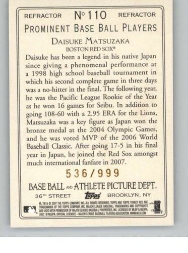 2007 Topps Turkey Red Chrome Refractors #110 Daisuke Matsuzaka \999 (ref 141230) - Picture 2 of 2