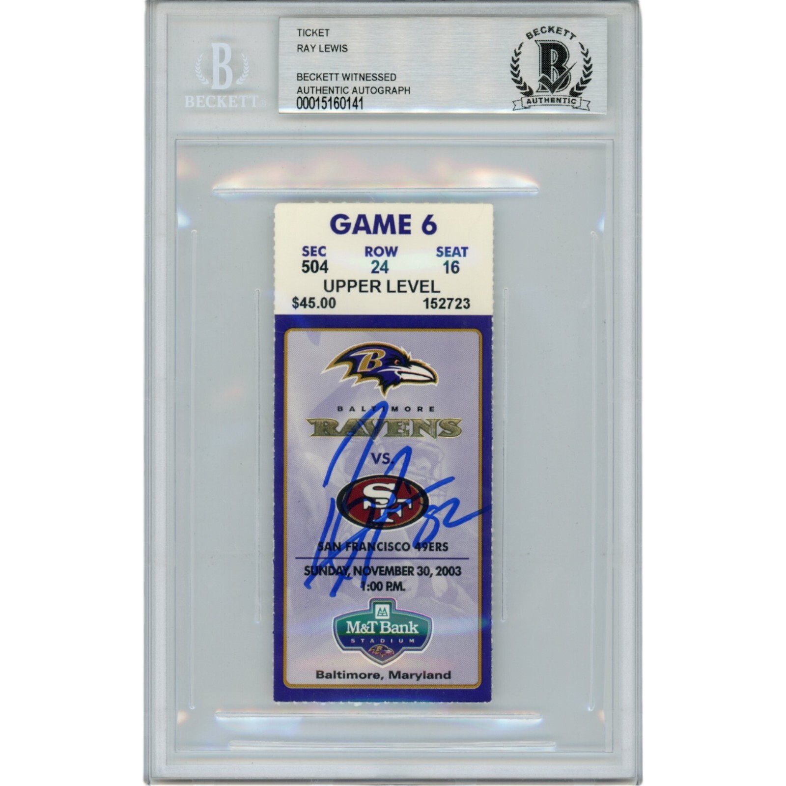 Ray Lewis Autographed Signed Baltimore Ravens 11/30/03 Ticket Stub Beckett 