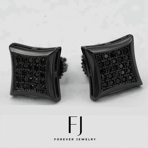Men's Sterling-Silver Black 925 Brilliant 9mm CZ Square*Earring Unisex--Box - Picture 1 of 3