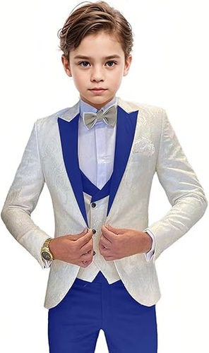 Boys Tuxedo Suit Jacquard Slim Fit 3 Piece Formal Wedding Kids Tuxedo Suits - Picture 21 of 22