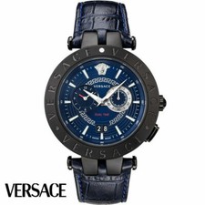 Versace VEBV00419 V-Race black blue Leather Men's Watch NEW