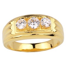 Gold Color Men 925 Sterling Silver Ring 3-stone Clear Cubic Zirconia Heavy Band