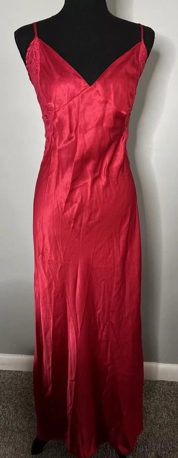 VALENTINO Abito slip vintage anni '90 Y2K Victoria's Secret lungo rosso raso pizzo senza schienale trasparente