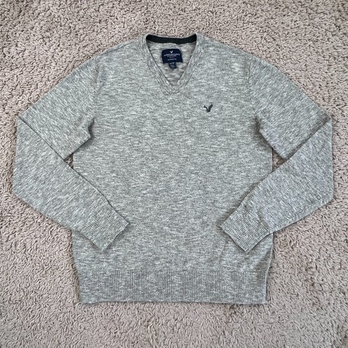 AMERICAN EAGLE Heathered Gray V-Neck Knit Pullover Sweater Womens XS Eagle Logo