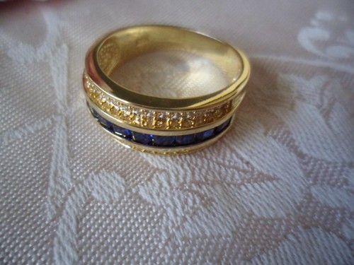 Vintage Jewellery Gold Ring with Blue White Sapphires Antique Deco Jewelry 12 Y - Picture 7 of 9