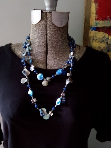 Blue Dyed Abalone Shell Long Beaded Summer Statement Necklace ~ 40" Long - Bild 9 von 13