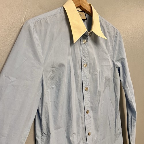 Gucci Mujer Azul Claro Popelina Abotonada con Cuello Amarillo GG Oro Gemelos 44 - Imagen 2 de 15