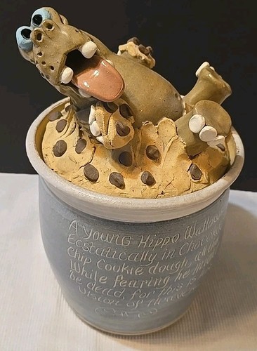 Studio Art Pottery Large Cookie Jar Whimsical Playful Hippo Cookies Signed Vtg  - Picture 1 of 17