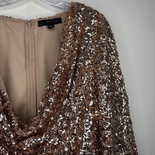 Starlet Dress Size 12 Rose Gold Sequins Cowl Neck Mini Long Sleeve Party - Picture 3 of 16