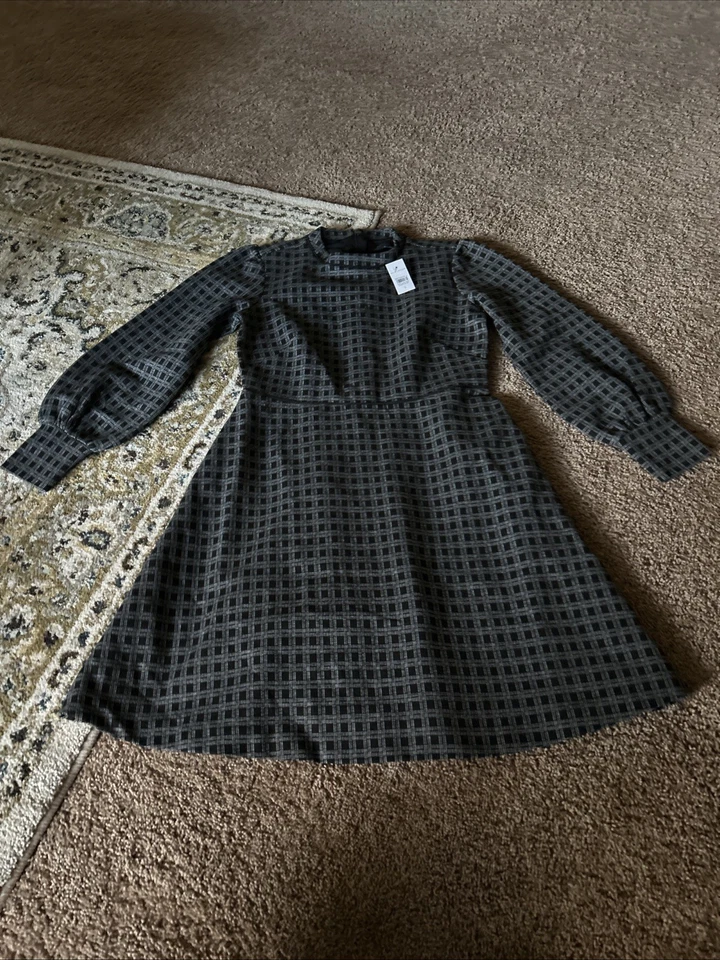 Vestido Ann Taylor Negro A Cuadros Cuello Simulado Manga Larga Forrado Calce y Acampanado Talla 6 Nuevo con Etiquetas Foto 4 de 4