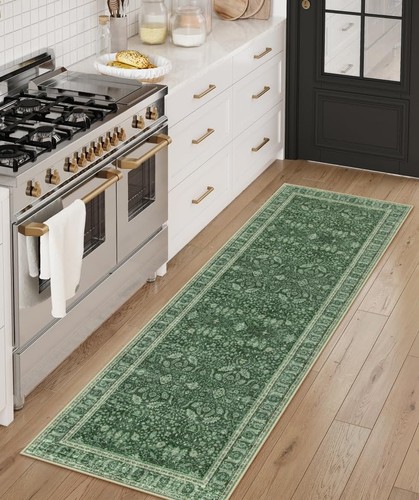 Washable Green Floral Runner Rug 2x6, Soft Kitchen Runner Rugs Non Slip 6ft - Picture 3 of 8