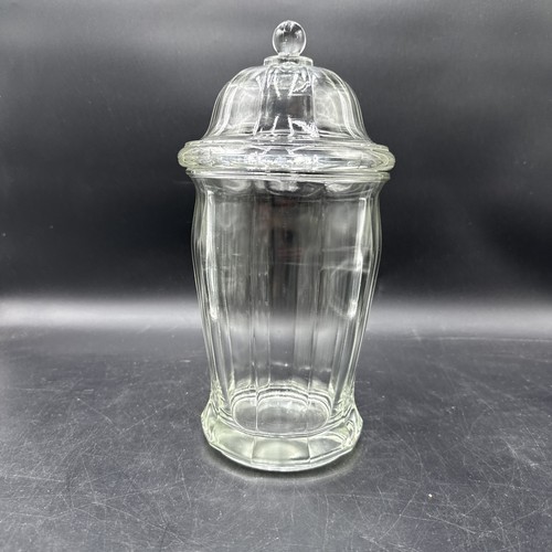 Barattolo da farmacia vintage Indiana con pannelli in vetro e coperchio a cupola pesante  - Foto 1 di 8