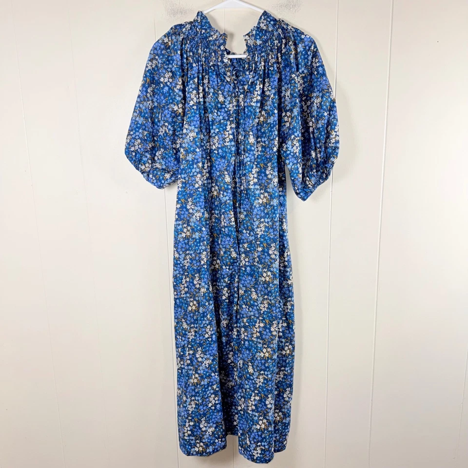 J. Maxi Vestido Crew Azul Floral Tela Liberty Cuello Calado Manga Abullonada Talla M Foto 2 de 4