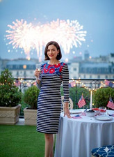 Talbots Women's M Striped Floral Knit Dress Navy White Red Flowers 3/4 Sleeve