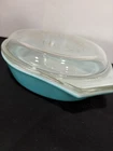 Vintage Pyrex 1.5 Qt Turquoise Casserole Dish #26 w Lid Gold Atomic Scroll