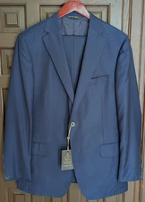HERITAGE GOLD Custom Wool Silk Suit, Zegna Cloth, Blue Patterned, 42 R 37" Waist