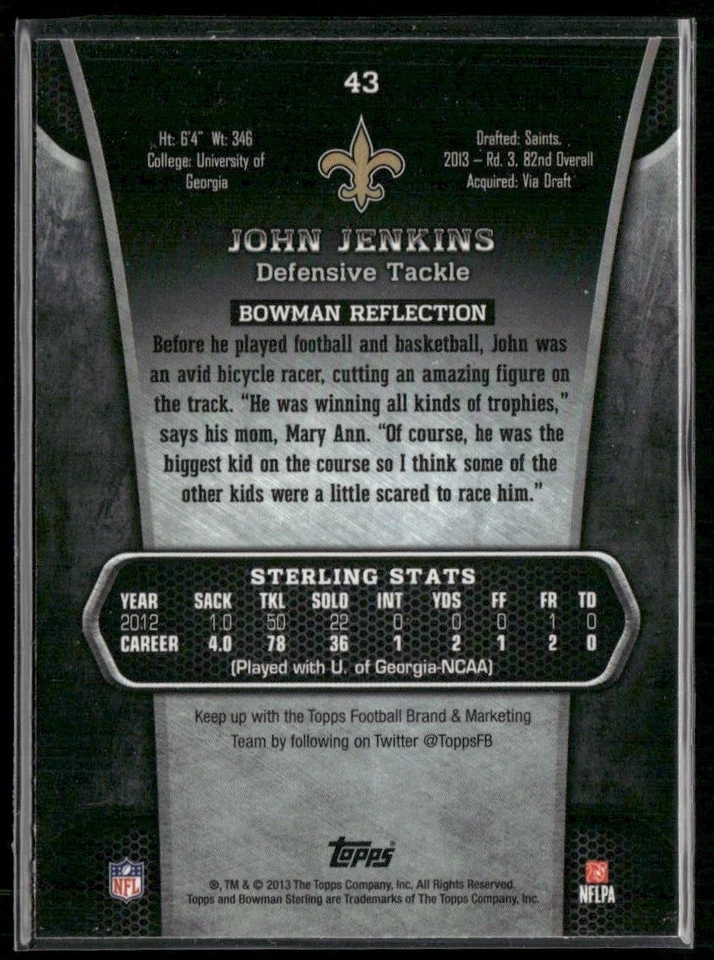 John Jenkins 2013 Bowman Sterling #43 RC New Orleans Saints - Image 2 of 2