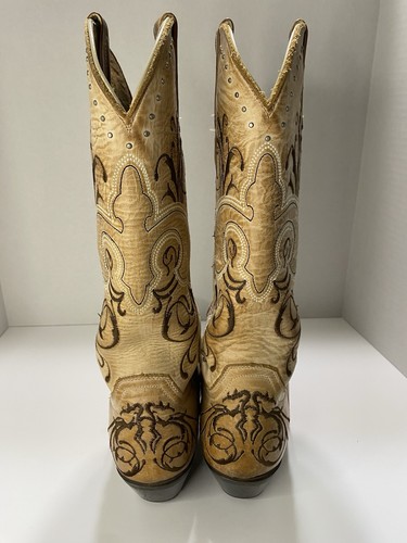 Sterling River Women’s Brown, Beige Studded Snip Toe Cowboy Boots 6 1/2 Mexico - Picture 2 of 18
