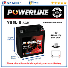 YB5L-B AGM Powerline Motorcycle Battery 12V 5Ah YB5LB GEL