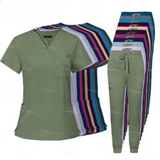 Scrubs Uniform Suit Short Sleeve V-neck Tops jogger Pants Set Nursing Uniform