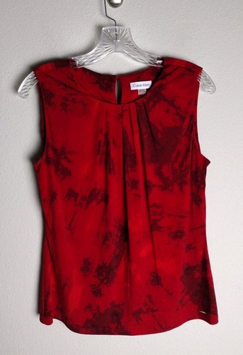 Calvin Klein Red Paint Splatter Sleeveless Pleated Tank Top Career Blouse Medium - 第 1/3 張圖片