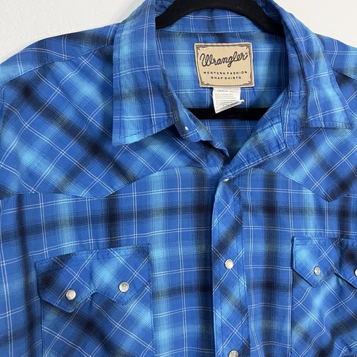 Wrangler Pearl Snap Shirt Men’s 2XL Blue Plaid Short Sleeve Western Rodeo Cotton - Picture 3 of 8