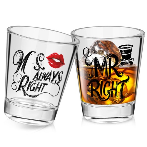 Set of 2 Shot Cup with Gift Box 60ml Glass Shot Glasses Mr & Ms Right Shot Glass - Picture 7 of 12