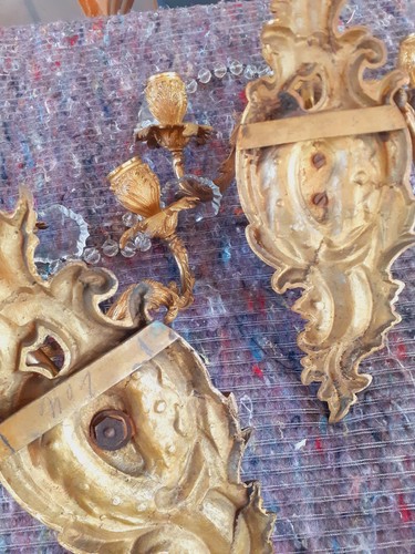 Paire De Bougeoirs Muraux XIXÈME Bronze Doré De Style Louis XV Rocaille - Picture 13 of 15