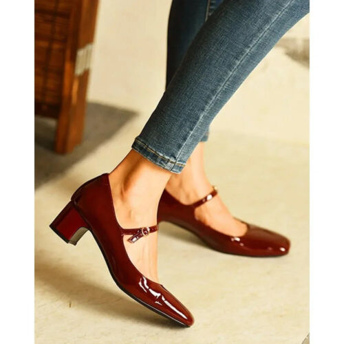 Women Mary Jane Patent Leather Round Toe Low Heels Ankle Strap Dress Party Shoes - Picture 5 of 25
