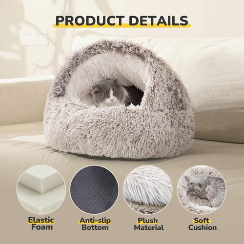 CATISM Cat Bed, Plush Hooded Cat Beds for Indoor Cats, Calming Cat Nest, Self Wa - Picture 2 of 12