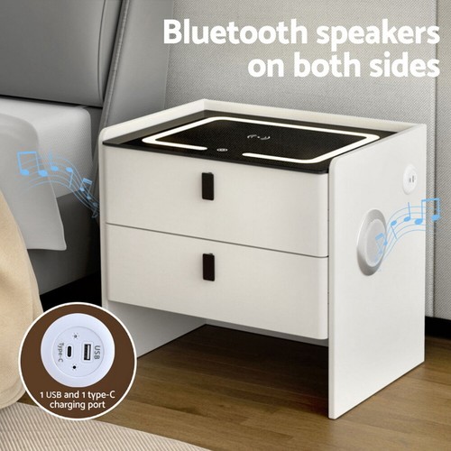 Artiss Smart Bedside Table 2 Drawers Wireless Charging LED Nightstand White BESS - Picture 7 of 9