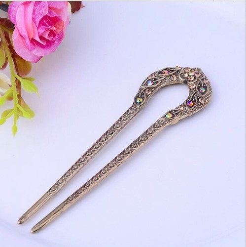 Heißhaar Gabeln Metall Strass Kristall Doppelkrappe Haarstab Vintage U-Form - Bild 19 von 25