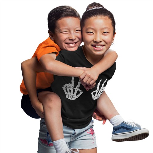 Skeleton Hands Peace Sign Halloween Shirt Kids Costume Funny Boys Girls Top - Picture 2 of 14