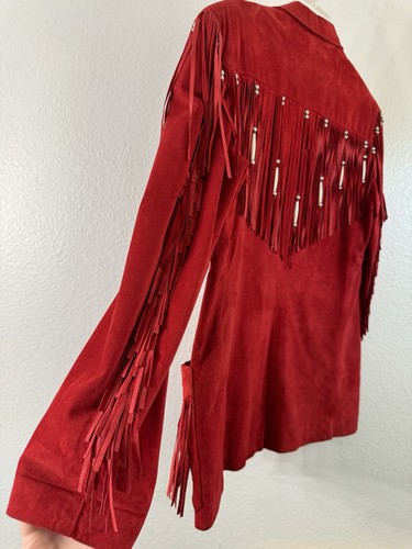 Patricia Wolf Pig Suede Red Leather Jacket Fringe Beads Western Cowgirl DEFECTS - Picture 12 of 17