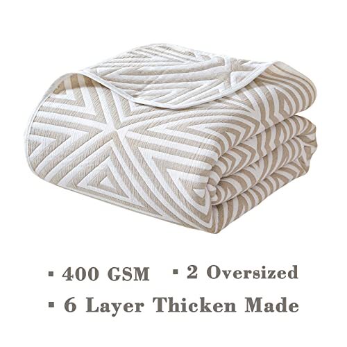 Cotton Blanket for Bed - Quilt 6 Layer Soft Thicken 400GSM Queen Light Tan - Picture 5 of 7