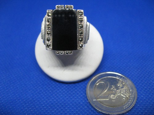 ANELLO UOMO A FASCIONE IN ARGENTO 925 CON MARCASITI E ONICE ORIGINALE VINTAGE - Foto 2 di 13