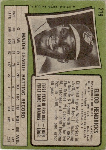 1971 Topps Ellie Hendricks Baltimore Orioles #219 - Imagen 2 de 2