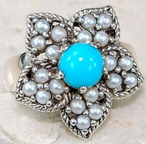 1CT Natural Turquoise & Seed Pearl 925 Sterling Silver Filigree Ring Sz 6 FS1 - Picture 1 of 2