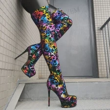 Women Over Knee High Platform Boots Elastic Round Toe High Heels Boots Shoes