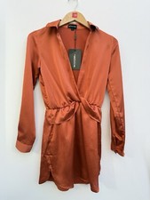 Pretty Little Thing Katalea Silky Twist Front Shirt Dress Tobacco Satin UK 6