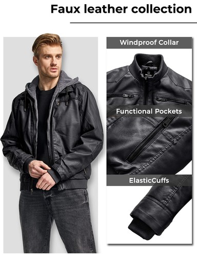 Wantdo Men's Faux Leather Jacket with Removable Hood Bomber Jacket with 2 Styles - Picture 25 of 64