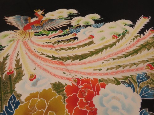 1M01z180 Japanese Kimono Silk FABRIC Black Phoenix 40.9" - Picture 2 of 6