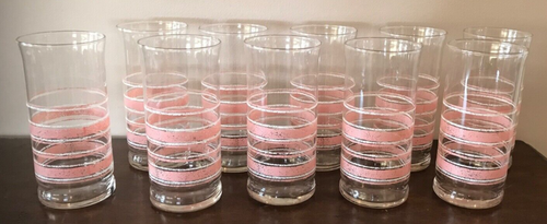 10 Libbey Pink White Sponge Bands Tumblers Lot Vintage Clear Drinking Glasses - Picture 4 of 18