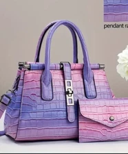 Purse Bag Duo: Purple Pink Ombré Pleather Zip Textured Button Drop Wallet Small