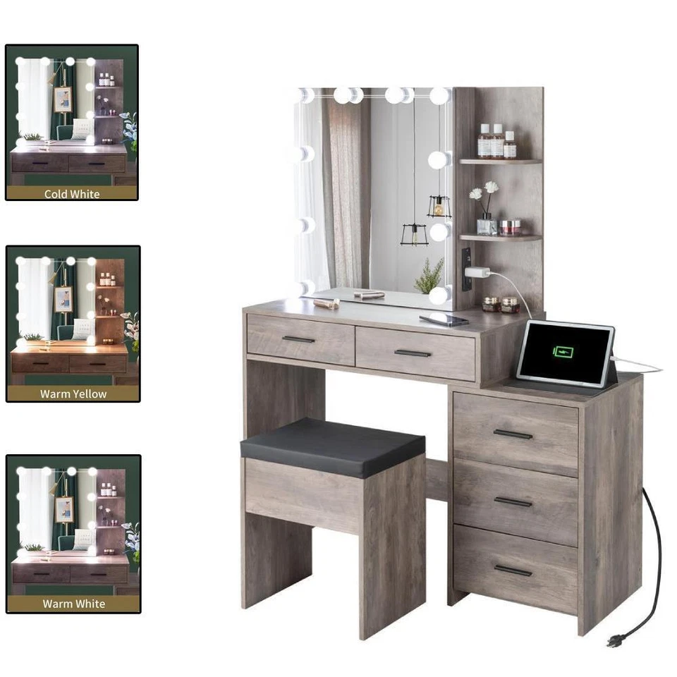 Vanity Set 10 LED Lighted Mirror Makeup Dressing Table Dresser Desk 5 Drawers