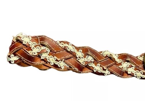 Flower Crochet Braided & Vegan Leather Western Belt Brass Buckle Large Boho - Picture 2 of 4