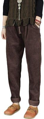 Minibee Womens Cropped Corduroy Pants Elastic Waist Retro Trouser with Pockets