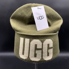 UGG BEANIE KNIT CUFF HAT ONE SIZE BURNT OLIVE MULTI BIG LOGO POLY WOOL BLEND