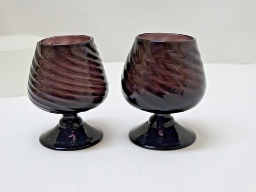 2 Vtg Amethyst Purple Hand Blown Swirl Brandy Cordial Glasses or Candle Holders - Picture 6 of 12