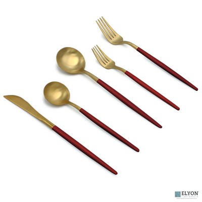 20 Piece Matte Gold Red Flatware Set Stainless Steel Thin Handle Service For 4